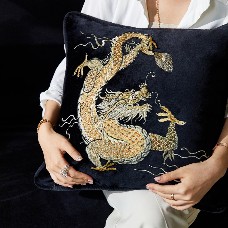 Black Velvet Embroidery Dragon Cushion Cover, Art Design Animal Pattern Pillowcases, Modern Accent 19x19inch Throw Pillow Cover, Home Decor image 5