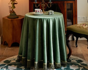 Forest Green Velvet Tablecloth with Fringe or Braided Edge, Custom Size, Elegant Table Setting