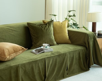 Custom Velvet Sofa Cover, Solid Green Couch Slipcover, Washable Sofa Protector, Living Room Decor