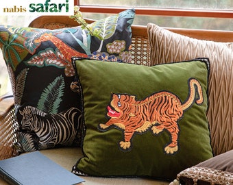 Tiger Velevt Abstract Green Throw Pillow cover, Embroidery Animal  Modern Decorative Throw Pillow Cover, Gift for Kids, Animal Lover