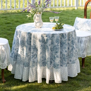 Embroidered Waterproof Floral Tablecloth with Lace Trim, Handmade Fall Rustic Table Cover for Wedding Dining Room Decor