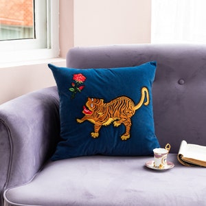 Tiger Blue Velvet Abstract Throw Pillow Cover Custom Size Embroidery Animal Modern Decorative Throw Pillow Cover Gift for Kids Animal Lover