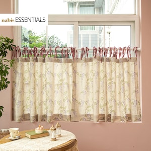 Cafégordijn van linnenmix met bloemen, botanische print, aangepast formaat