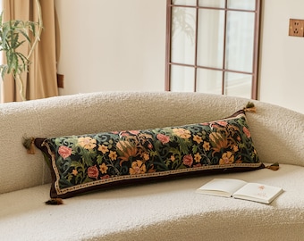 Custom Floral Lumbar Pillow Cover, Botanical Chenille Cushion Cover with Tassels, Boho Sofa Decor