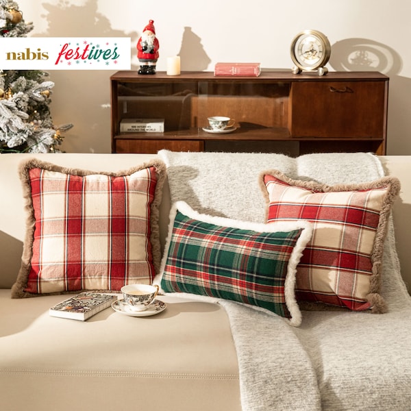 Home Gift Plaid Throw Pillow Cover Living Room Decor Check Lumbar Pillowcase with Fluffy Edge Design Custom Case Home Decor