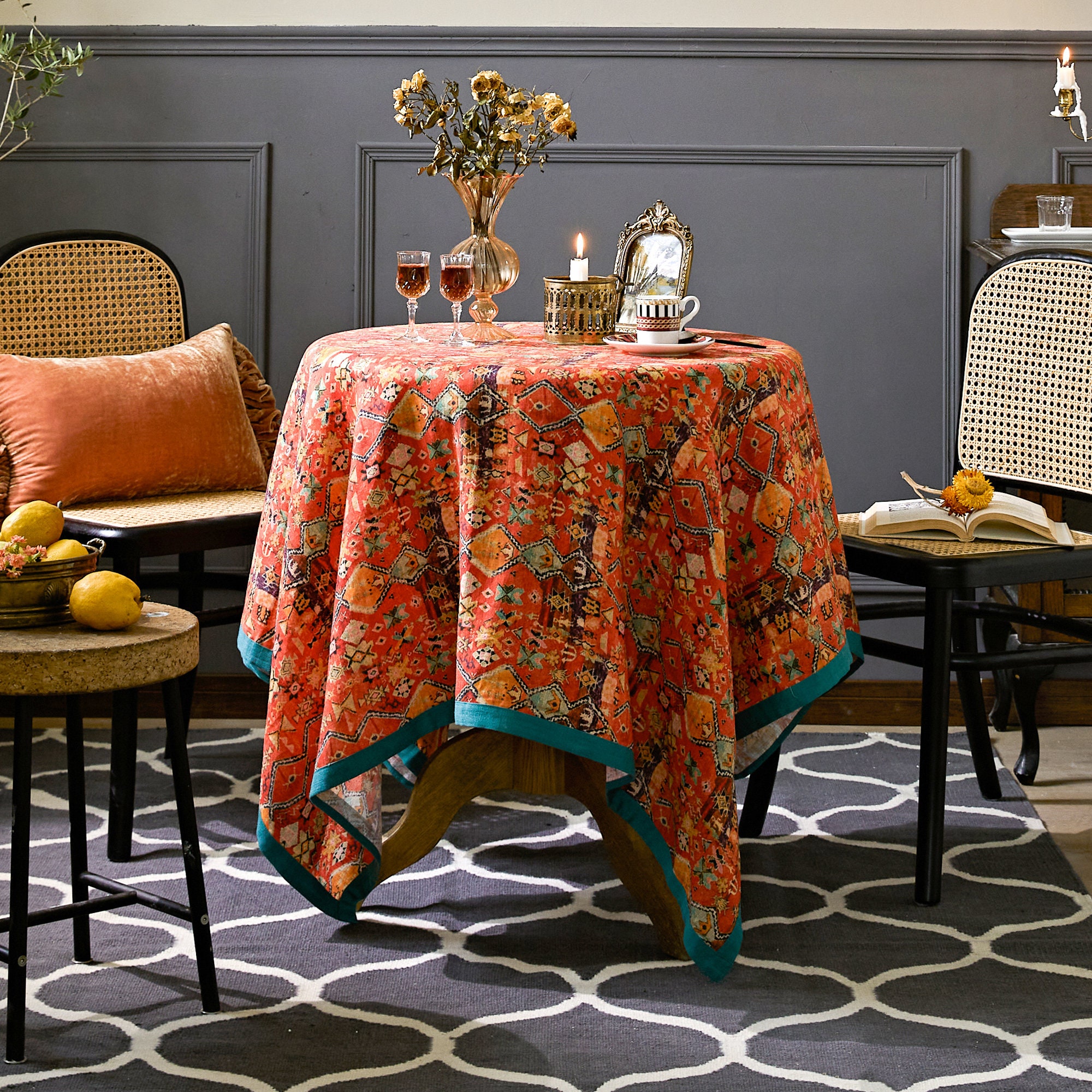 Orange Red Boho Country Linen Tablecloth Rectangle Burlap Table 