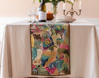Custom Jacquard Table Runner, Colorful Parrot Bird Runner& Pillow Cover, Boho Maximalist Dining Decor