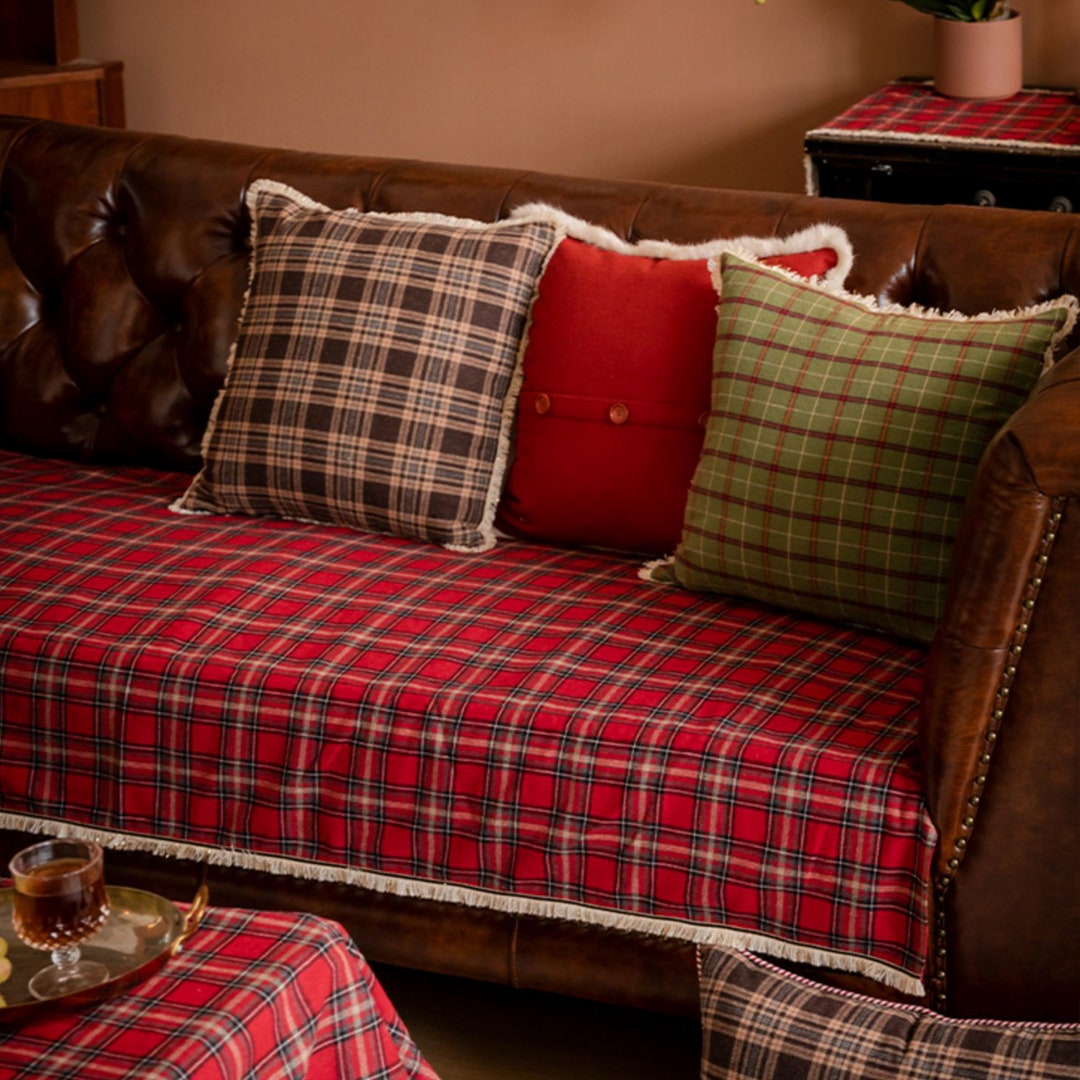 Red and Green Plaid Couch Cover Sofa Cushion With Beige Etsy