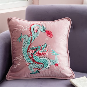 Throw Pillow Cover Minimalist Home Decor Embroidery Pink Velvet Dragon Pillow Cover Art Design Animal Decor for Dorm Sofa Chair Living Room