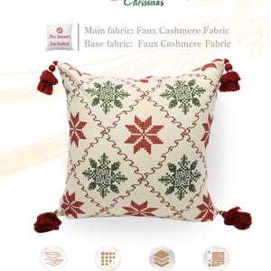 May include: Cream-colored square pillow with a red and green snowflake pattern. The pillow has red tassels on each corner and the words "Merry Christmas" in red script. The pillow is made of faux cashmere fabric.