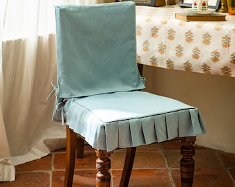 Ruffle Chair Pad with Ties, Custom Dining Chair Seat Cushion, Washable Chair Back Cover, Cottage Chair Slipcover