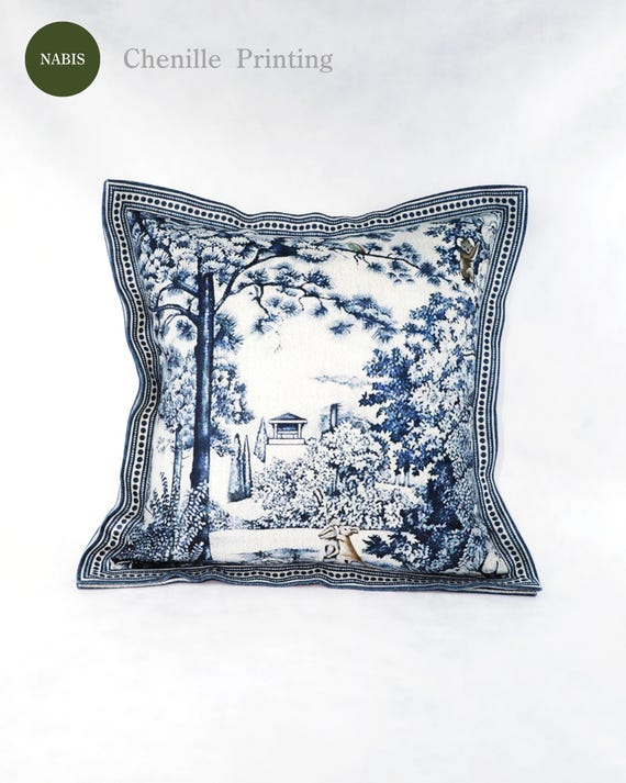 Chenille Blue and White Landscape Pillow Cover, Chinoiserie Decor, Custom Size