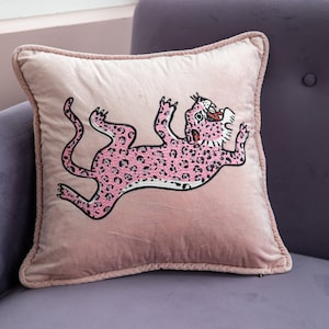 Pink Throw Pillow Cover Blue Minimalist Home Decor Embroidery Velvet Tiger Pillow Cover Art Design Animal Decor Adorable Gift for Home