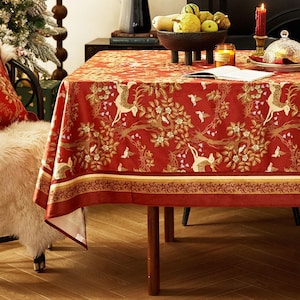 Red and Gold Velvet Deer Tablecloth, Waterproof, Custom Size, Elegant Dining Decor