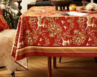Red and Gold Velvet Deer Tablecloth, Waterproof, Custom Size, Elegant Dining Decor