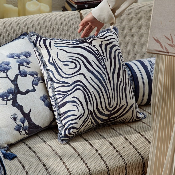 Blue Zebra Chenille Pillow Cover, Animal Print Sofa Cushion, Maximalist Decor