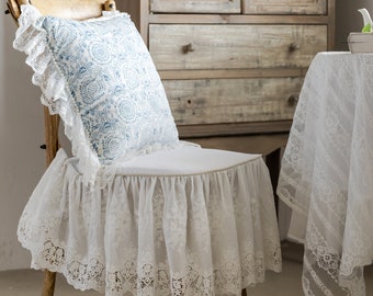 French Lace Chair Cushion, White Ruffle Seat Cover, Custom Size
