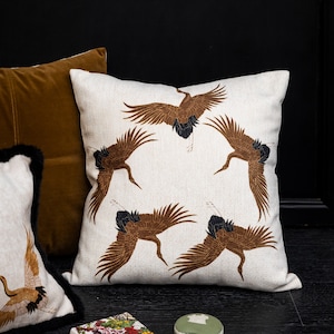 Retro High Quality Chenille Crane Throw Pillow Cover, Custom Made Designer Art Block Print Brown Animal Pillowcase, Sofa Home Living Decor