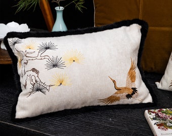 White Beige Embroidery Tree Throw Pillow Cover, Art Design Block Print Animal Pillowcase, Crane Pillowcase, Lumbar Cushion Cover, Home Decor