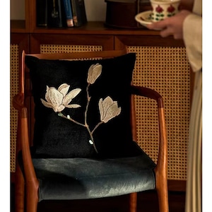 Classic French Style Embroidered Flower & Branches Throw Pillow Cover, Black and White Pillowcase with Delicate Stitches for Indoor/Outdoor image 1