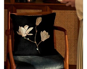 Housse de coussin brodée de fleurs et de branches de style français classique, taie d'oreiller noire et blanche avec points délicats pour intérieur/extérieur