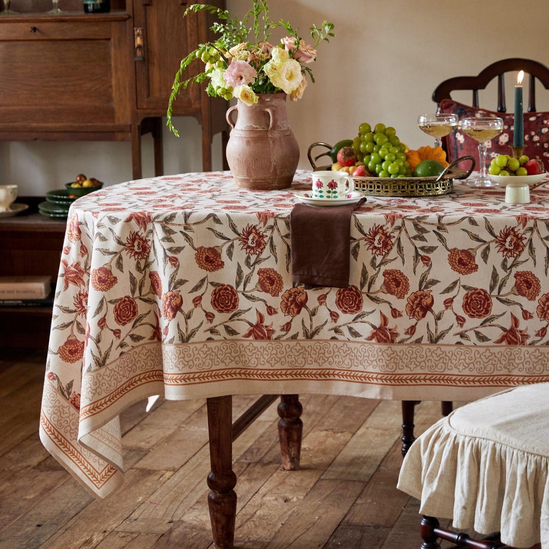 Custom Waterproof Floral Tablecloth, French Country Cotton Table Cover, Farmhouse Dining Table Decor - 55x55''