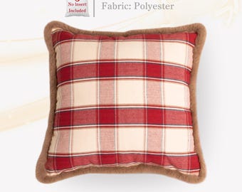 Plaid Throw Pillow Cover, Checkered Cushion Cover with Faux Fur Trim