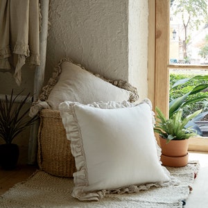 Housse de coussin blanc français avec bord à volants, housse de coussin décorative pour canapé 20 x 20 pouces, décoration d'intérieur moderne, HOUSSE UNIQUEMENT
