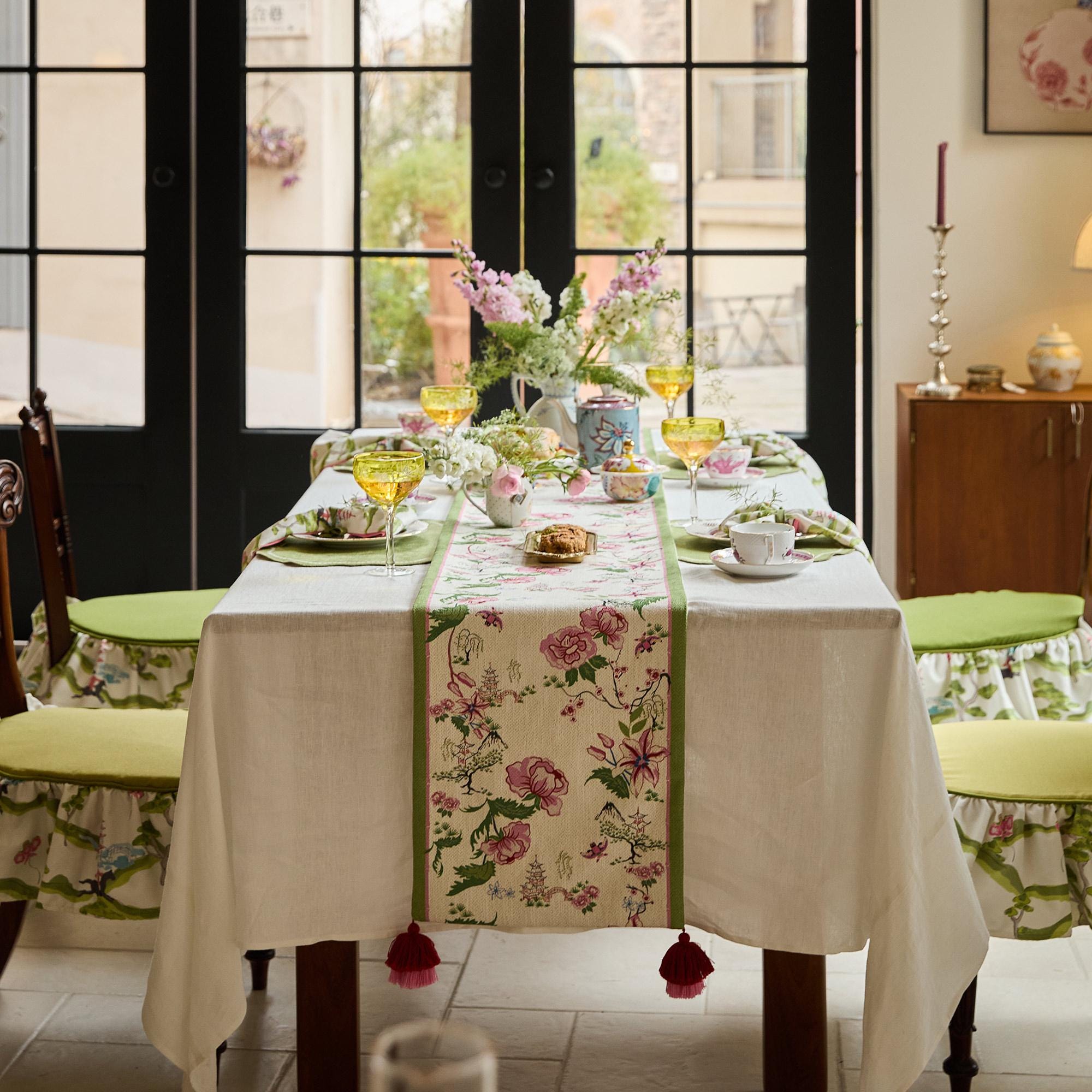 Oriental Elegance Table Runner – Kite and Floral Pattern, Chinelle Tea Table Runner, Handmade Luxury Table Runner with Tassels, Custom Size