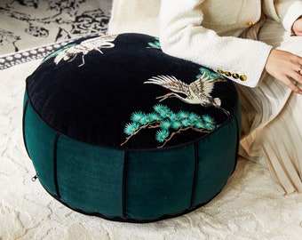 Handmade Embroidered Bird Velvet Ottoman Cover: Round Pouf, Home Decor