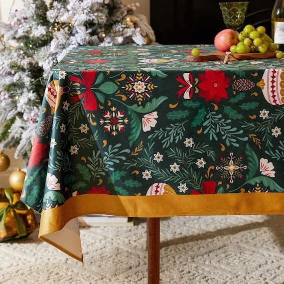 Red and Green Tablecloth, Decorative Floral Print, Waterproof Velvet Fabric, Custom Size Table Cover