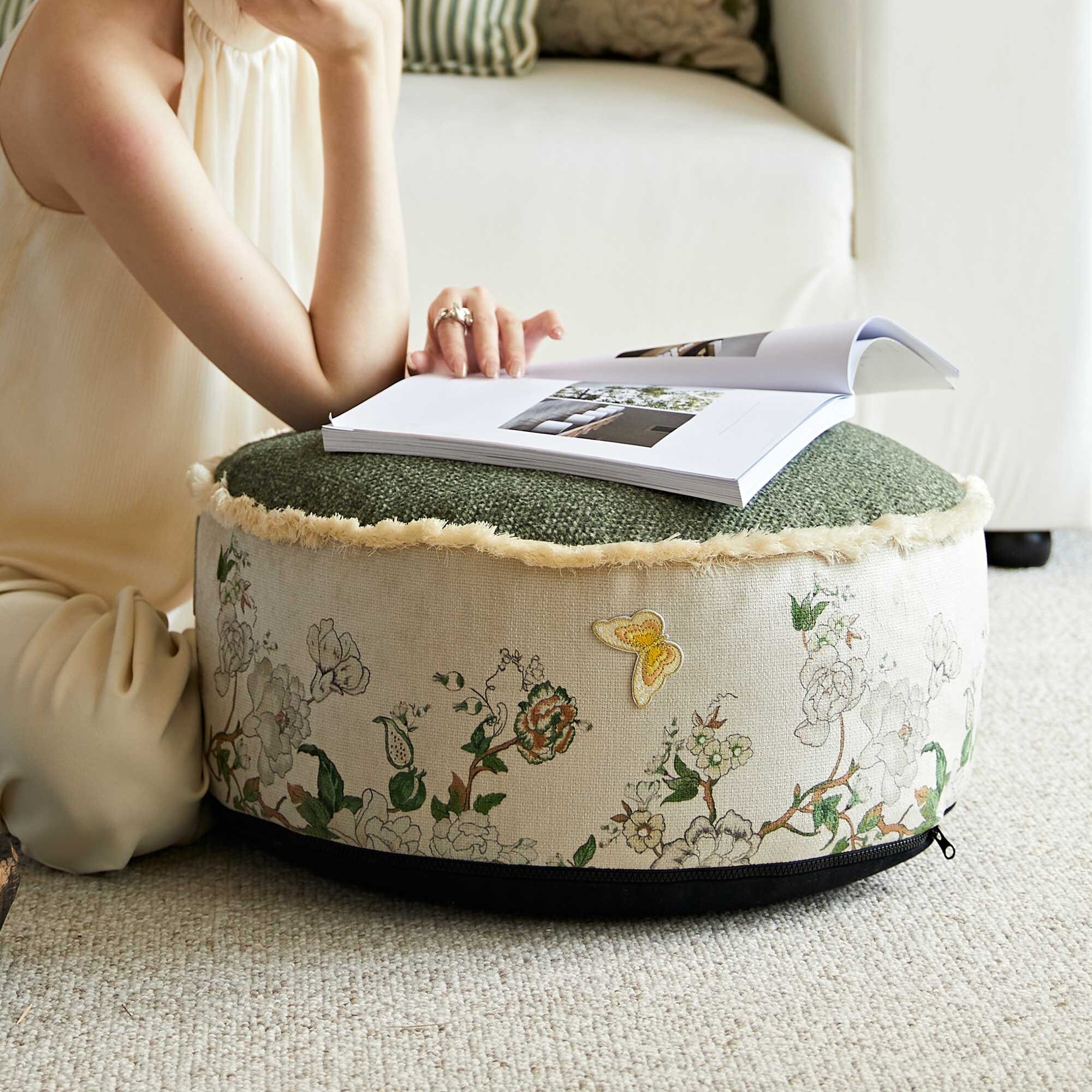Chenille Elegant Butterfly Pouf Cover, Textured Floor Cushion Slipcover for Seating, Footrest or Home Decor, Cozy Gift for Reading Nook