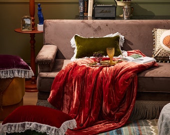 Super king Or Sofa Large Luxurious Heavy Red Velvet Bed Throw For Kingsize Bed 