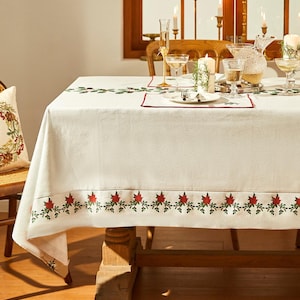 Mantel de bayas de acebo en rojo y verde, tamaño personalizado, elegante decoración para comedores.