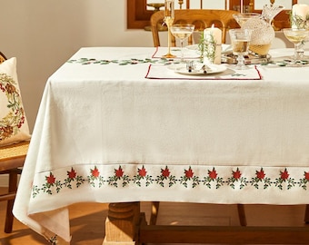 Holly Berry Tablecloth in Red and Green, Custom Size, Elegant Dining Decor