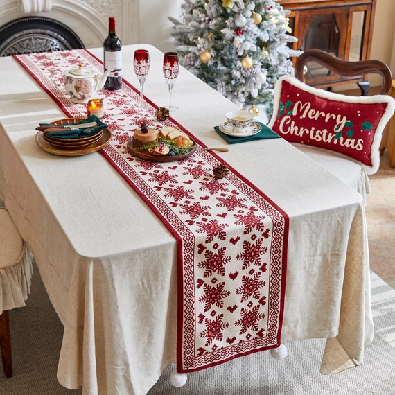 Christmas Table Runner Embroidered with White Snowflake For Home Table Decor