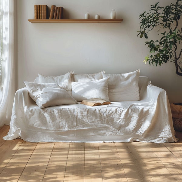 Housse de canapé minimaliste en lin blanc crème, respectueux de l'environnement, doux au toucher, ajustement personnalisé pour une décoration d'intérieur moderne, housse de canapé, décoration de salon faite main