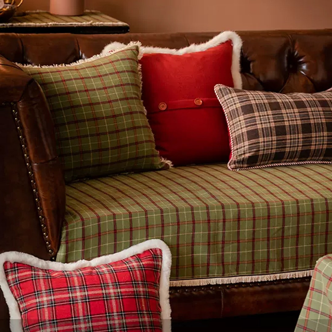 Red and Green Plaid Couch Cover Sofa Cushion With Beige Fringes, Wool