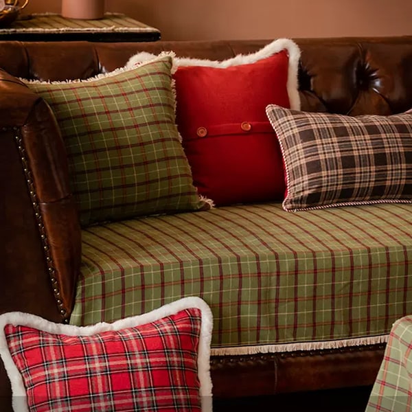 Red and Green Plaid Couch Cover Sofa Cushion with Beige Fringes, Wool and Cotton Jacquard Sofa Couch Covering, Couch Cover for Living Room
