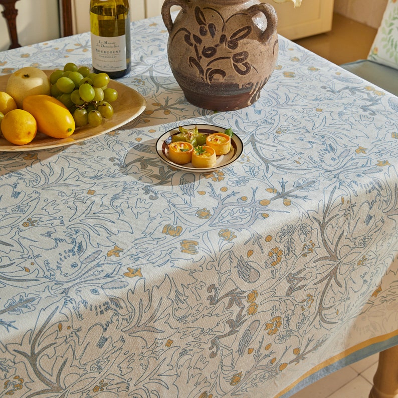 William Morris Blue Hand-Drawn Minimalist Forest Tablecloth, Rustic Waterproof Table Cloth, Dining Table Cover Farmhouse Party Home Kitchen image 9