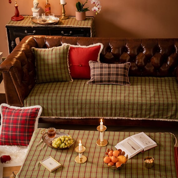 Red and Green Plaid Couch Cover Sofa Cushion With Beige Fringes