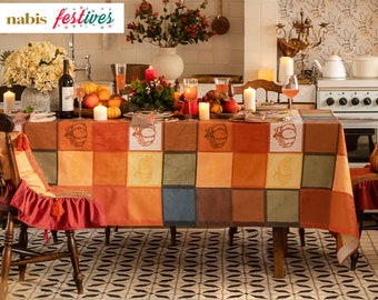 DII Herbst-Tischdecke Bauernhaus-Stil – 152x271 Cm, 100% Baumwolle, Kürbiskaro-Design, Orange/Grau