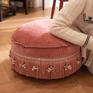 Pink Round Pouf Stool Cover Handmade Bedroom Pouf Cover Living Room Ottoman Cover Footstool Cover Birthday Gift Gift for Her Wedding Gift