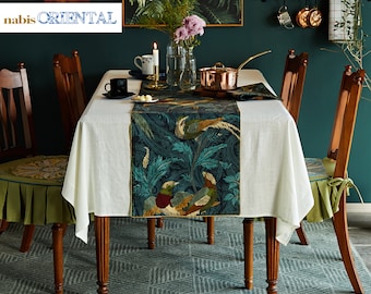Jungle Nightingale Printed Cotton Table Runner Extra Long , Vivid Blue Bird Print Table Runner with Two Layers for Banquet, Wedding, Home