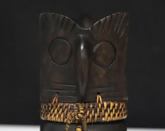 Hand Carved and Woven Owl Box Removable Head Reveals Storage Perfect For Jewelry 3"w x 6"h
