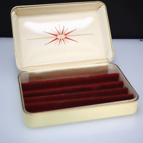 Mid Century Farrington Travel Jewelry Box/Case, Atomic Starburst Design Inside and Out. Satin lined top with Velvet Lined Tray,