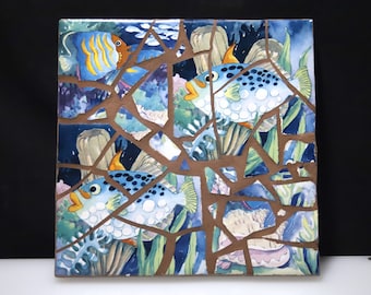Large Fish Mosaic Tile Trivet by Judy Gabriel  8"x8"x3/4"