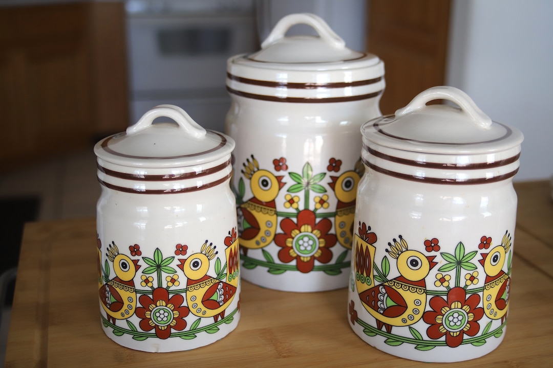 Set of 3 Vintage Ceramic Canisters Large 8.5h X 5.5w Medium 7h X 4 1/2w