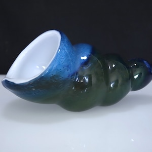 Handblown Cased Glass Cornucopia Horn of Plenty Multiple colored blues to greens with white cased glass interior
