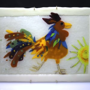 Handmade Art Glass Chicken and Sun Wall Plaque 12&quot;w x 9&quot;h x 1/2&quot;d